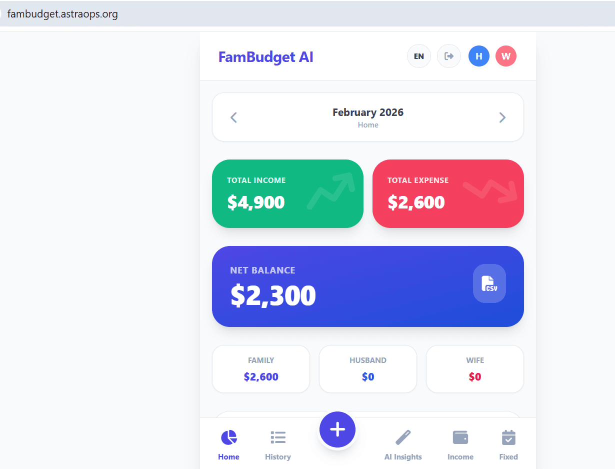 FamBudget AI mobile dashboard showing income and expense tracking