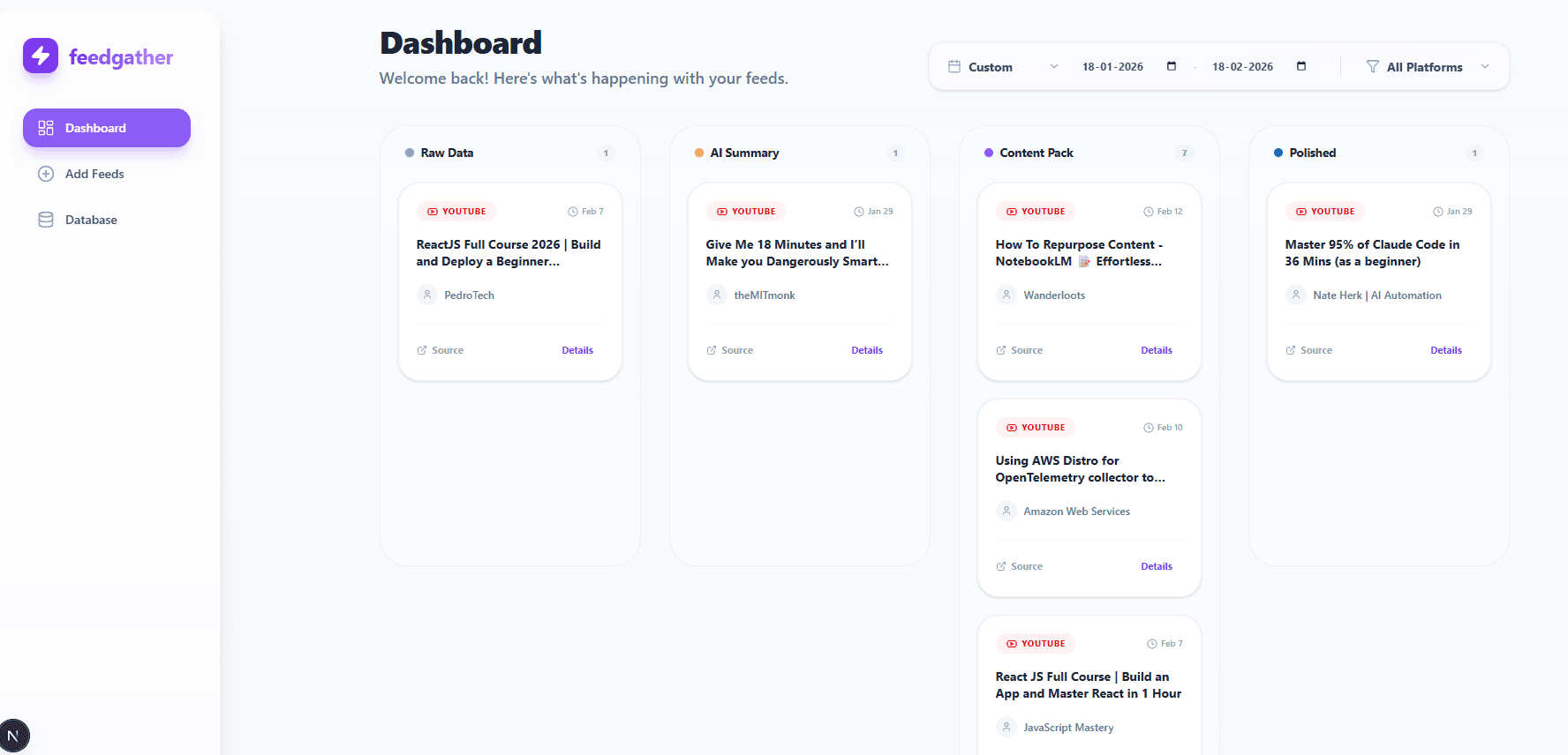 FeedGather 4-column Kanban pipeline dashboard